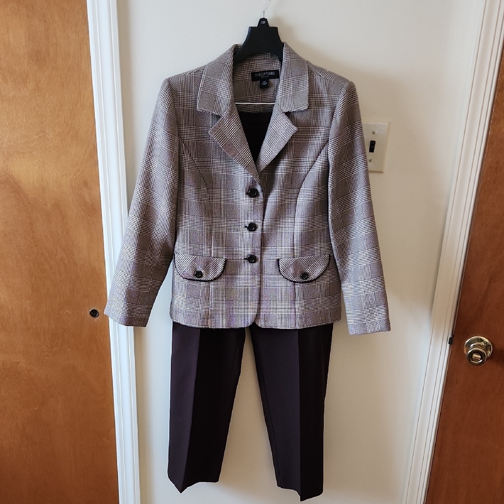Perceptions Petite 10P 2-Piece Pantsuit – Glen Plaid Houndstooth - Brown